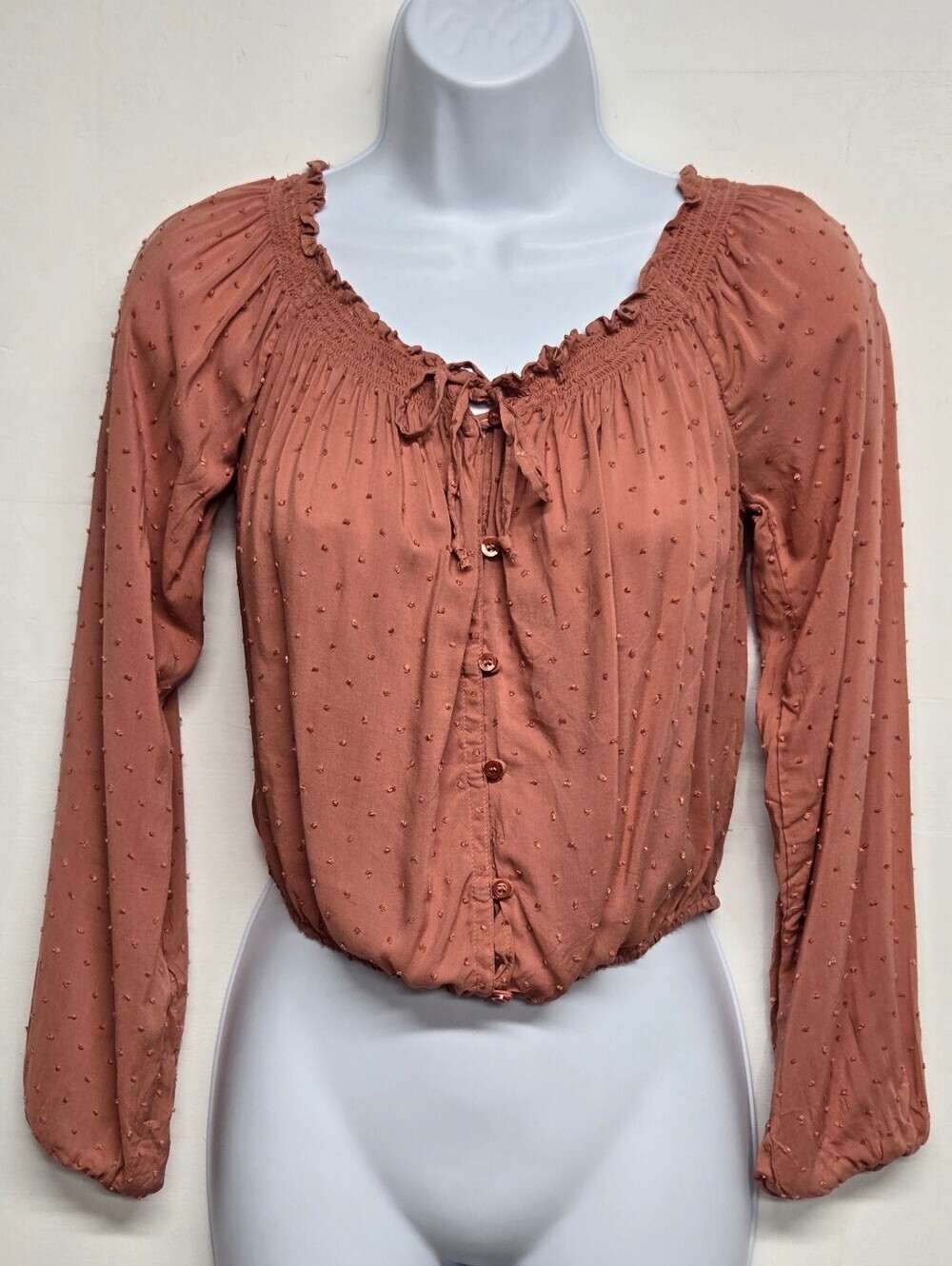 Aeropostale S Peasant Top Button Down Swiss Dot Elastic Neck Sleeve Waist